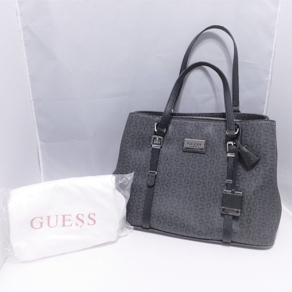 Guess Handbags - Guess DK Gray/Black Signature Fx Leather Satchel